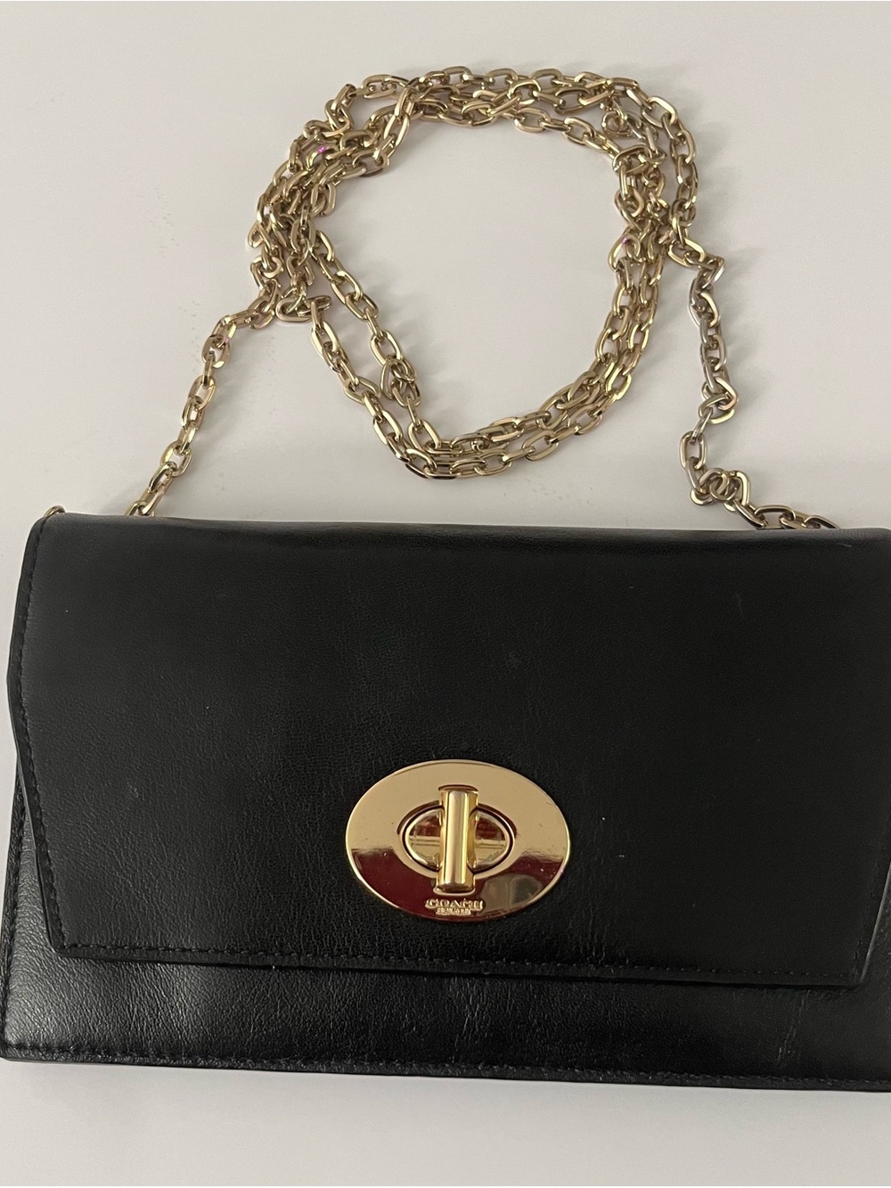 Coach Black Leather Crossbody with Gold Chain and Turn-Lock